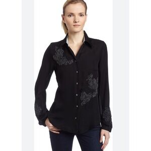 Robert Graham Women's L Sierra Embellished Sheer Button Down 100% Silk‎